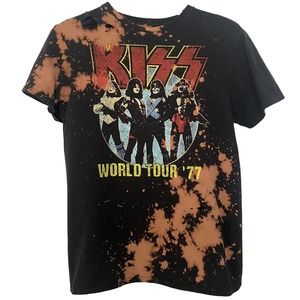 KISS World Tour '77 Rock Band Unisex Upcycled Bleached Reworked T-Shirt - Medium